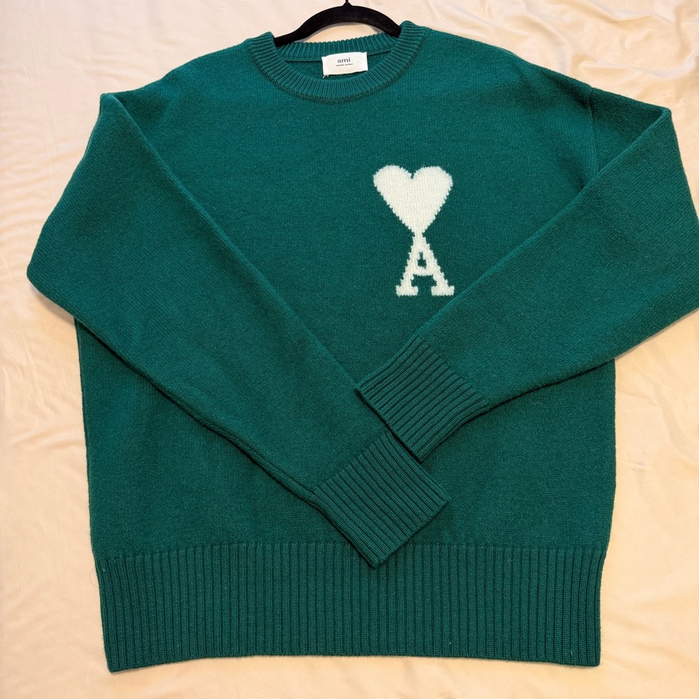 Ami Men's Green Sweater with Heart Motif